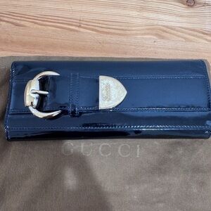 Gucci Black Patent Leather Wallet with Gold Buckle